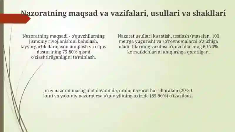 Pedagogik nazoratning turlari va jismoniy tarbiyada qoʻllanishi 4