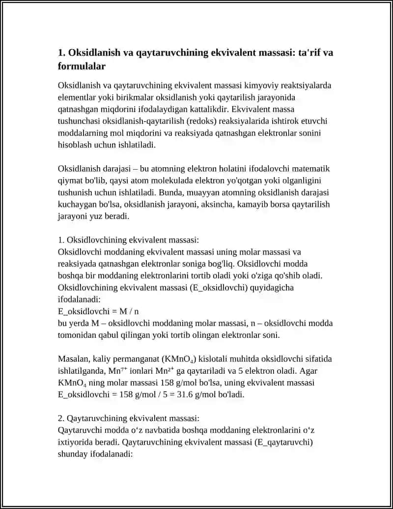 Oksidlanish va qaytaruvchining ekvivalent massasi 4