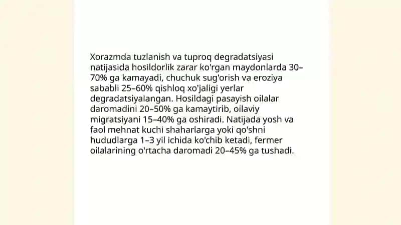 Orol dengizi bilan bogʻliq ekologik xalokatlar Xorazm viloyatidagi ijtimoiy nizolar va migratsiyaga qanday sabab boʻlayotganini koʻrib chiqish 4