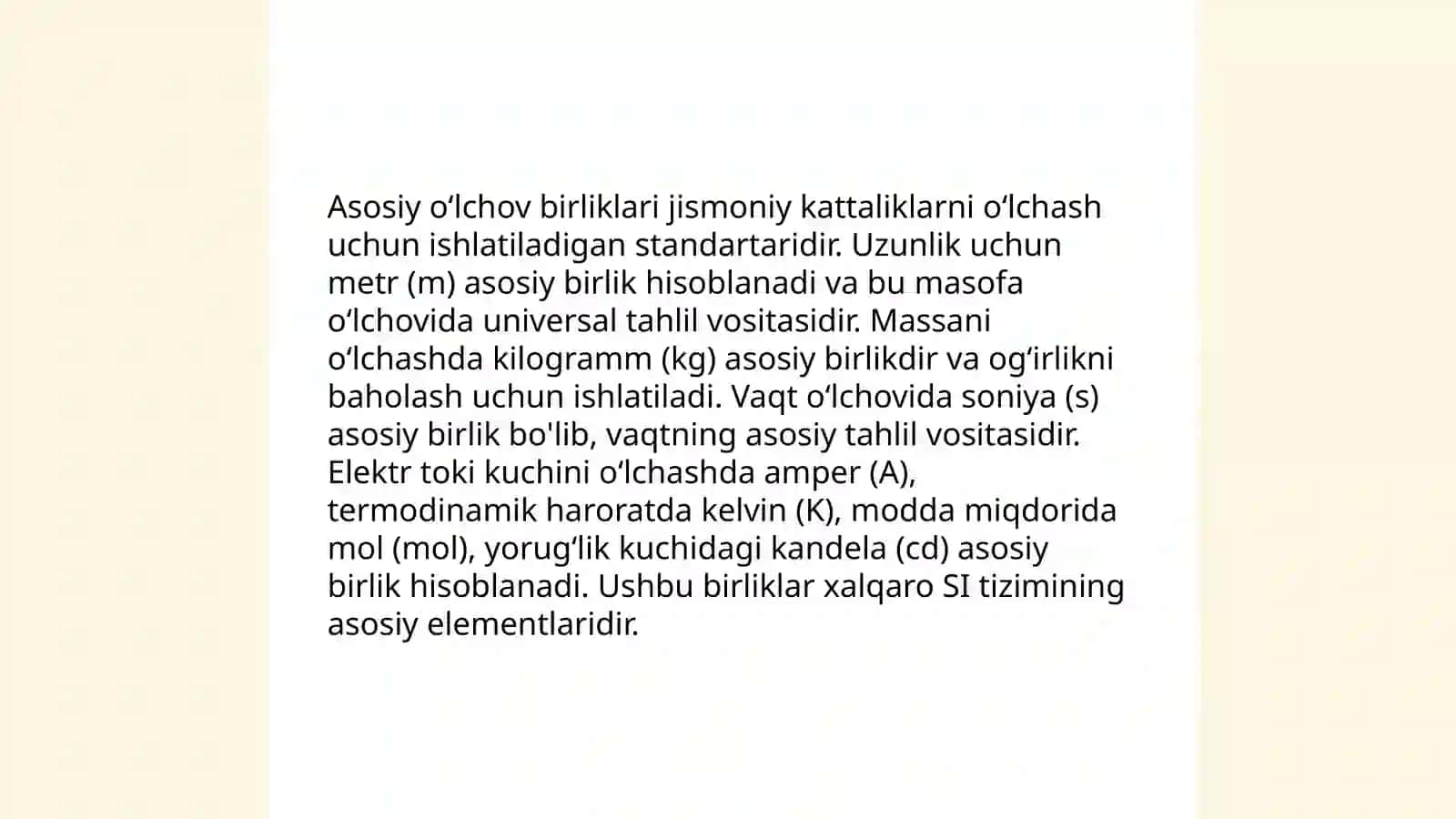 Miqdorlarni oʻlchash oʻlchov birliklarini turlari orasidagi bogʻliqliklar va ular ustida amallar bajarishga oʻrganish metodikasi 4