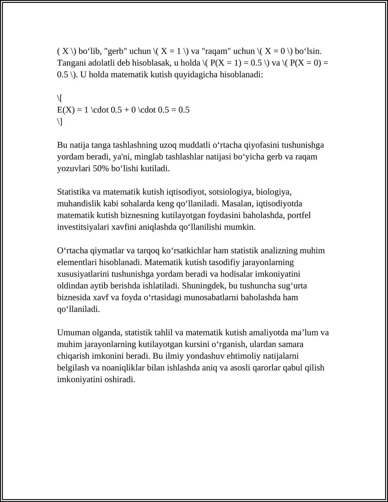 MATEMATIK KUTILMA YOKI DISPERSIYASI MAVJUD BO’LMAGAN TASODIFIY MIQDORLARGA MISOLLAR TUZISH 4