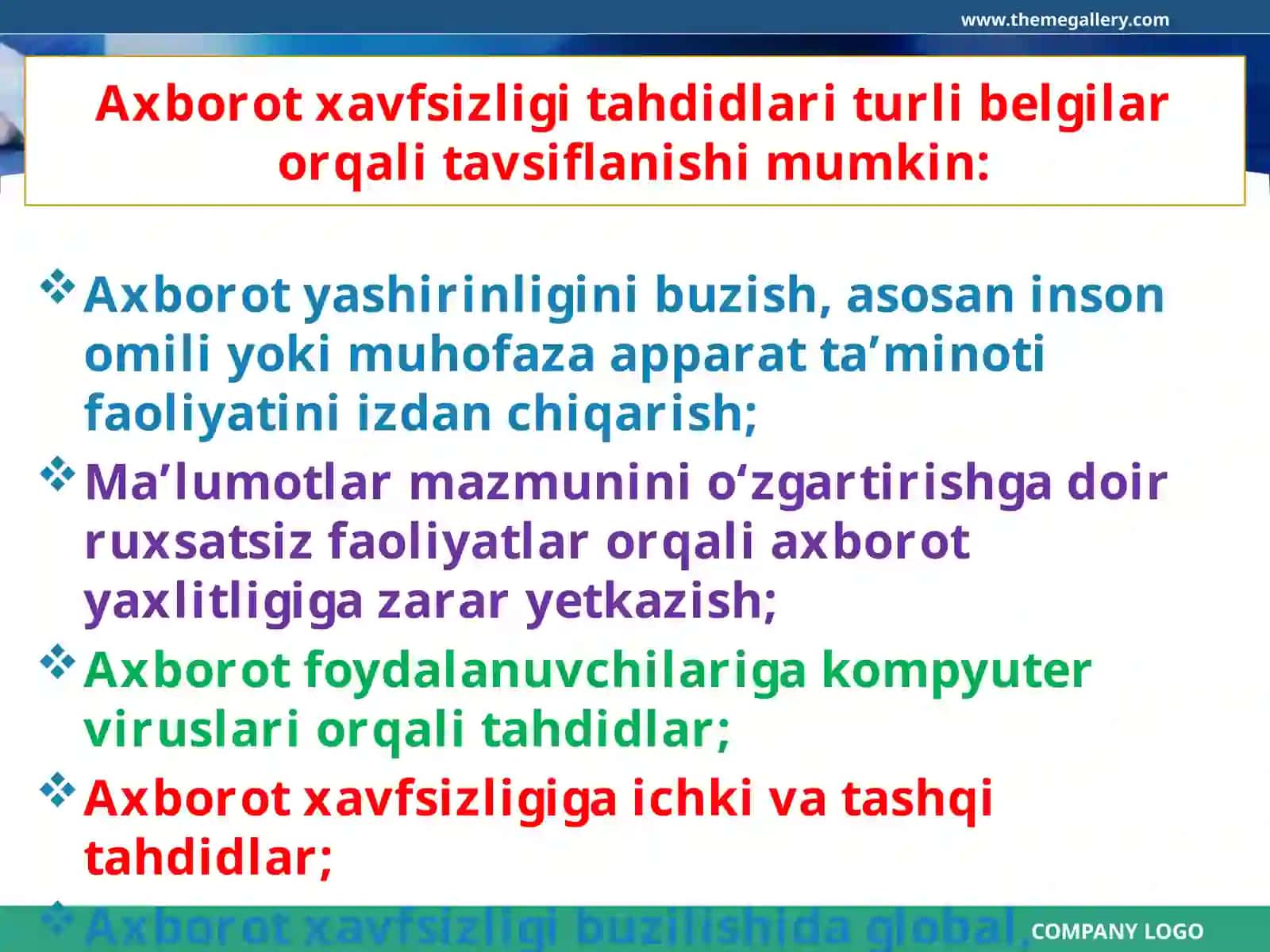 Axborot xavfsizligi muammolari. Axborotlarni himoyalashning tarkibiy qismlari va usullari 4