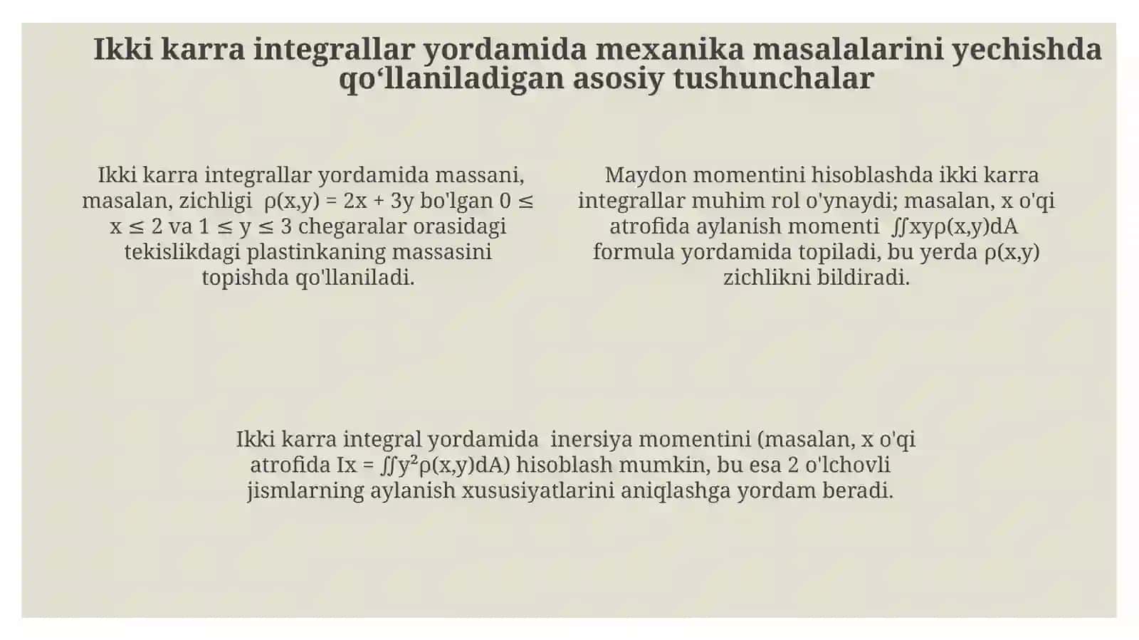 Ikki karrali integrallarning mexanik masalalarini yechish tadbiqlari 4