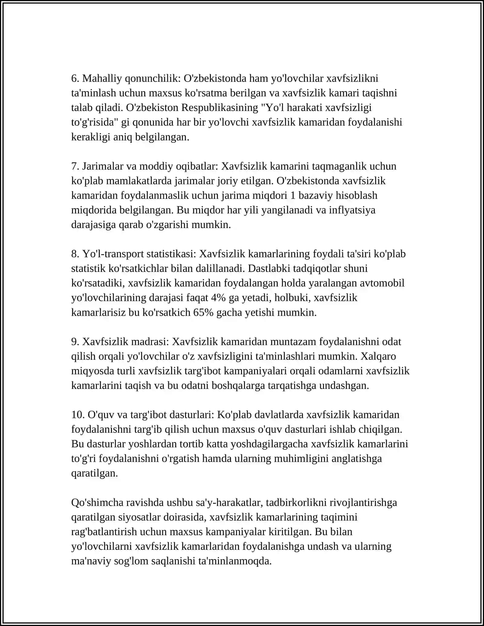 Yo'lovchilarning xavfsizlik kamaridan foydalanish majburiyati 4