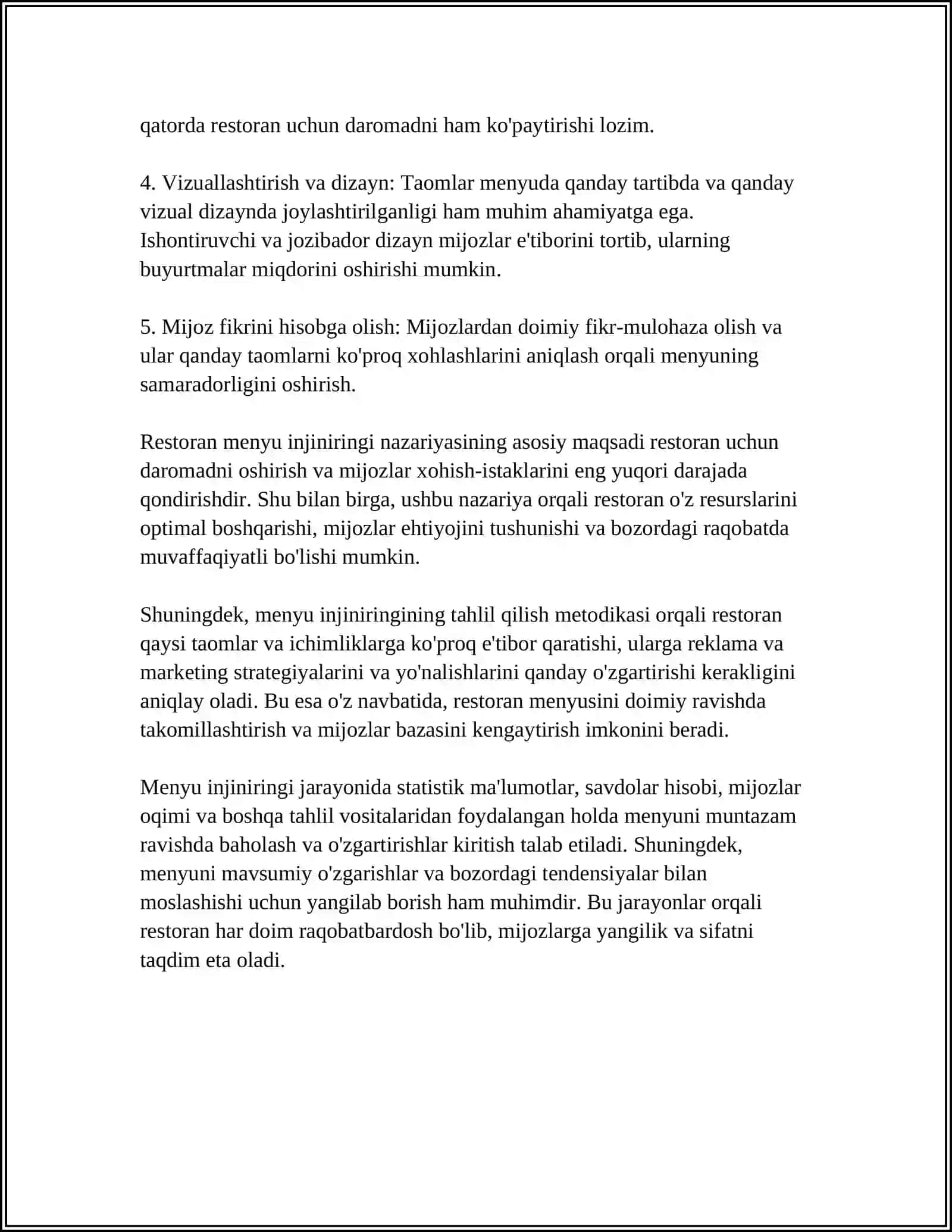 RESTORAN MENYU INJINIRINGI: FOYDA VA TALAB TAHLILI 4