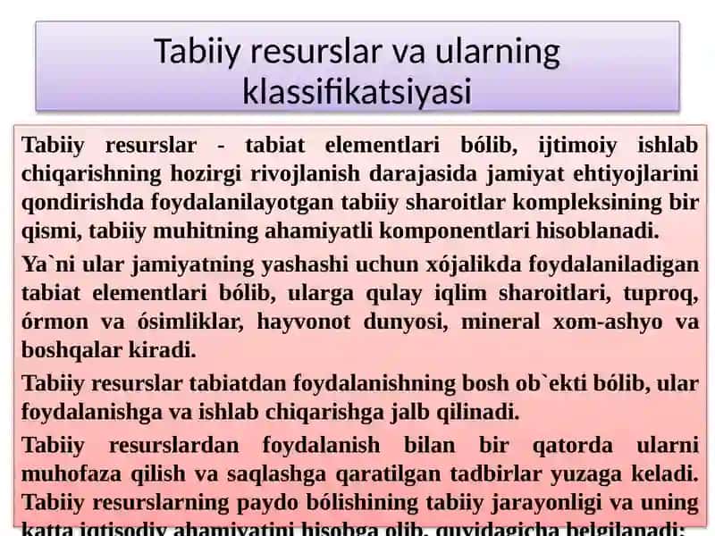 Tabiiy resurslarning yer yuzi da tarqalishi va foydalanish masalalari 4