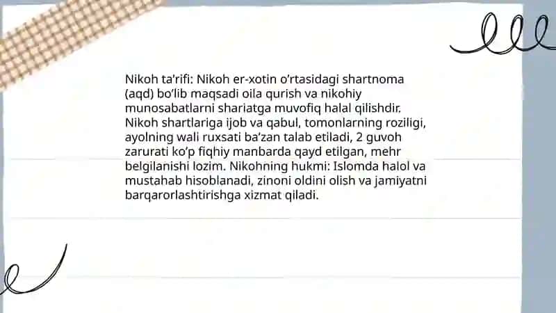 Islom huquqshunosligida oila, nikoh, taloq, idda, zohir tushunchalarni taʼriflash 4