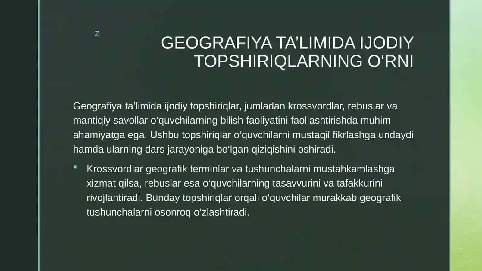 TABIIY GEOGRAFIYA DARSLARIDAN MASALA, MASHQLAR, KROSSVORD VA REBUSLAR TUZISH 4