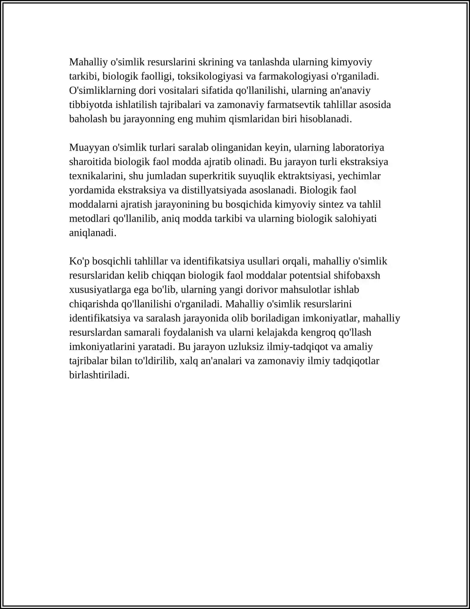 MAHALLIY OʻSIMLIKLARDAN BIOLOGIK FAOL MODDA AJRATISH TEXNALOGIYASINI ISHLAB CHIQISH 4