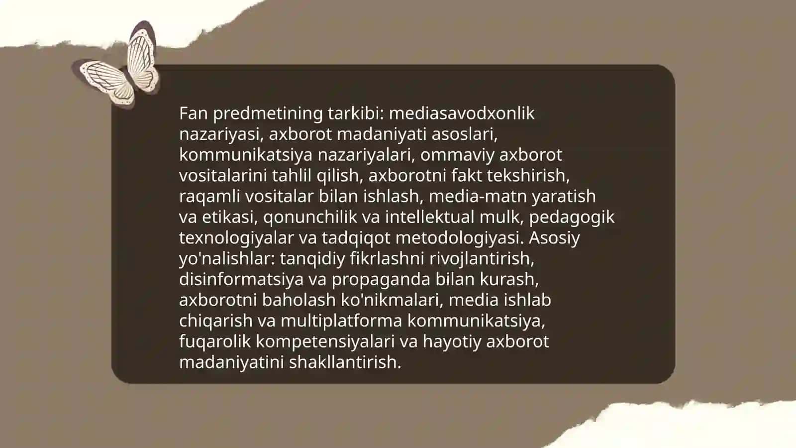 Mediasavodxonlik va axborot madaniyati fanining obyekti, predmeti, maqsadi va vazifalari 4