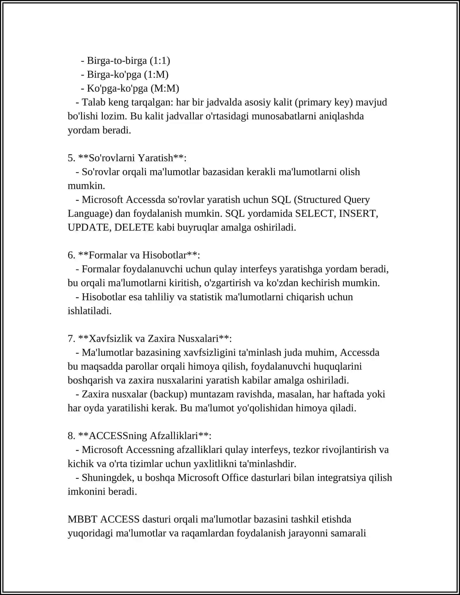 MBBT ACCESS DASTURIDA SO’ROV VA HISOBOTLAR TAYYORLASH 4