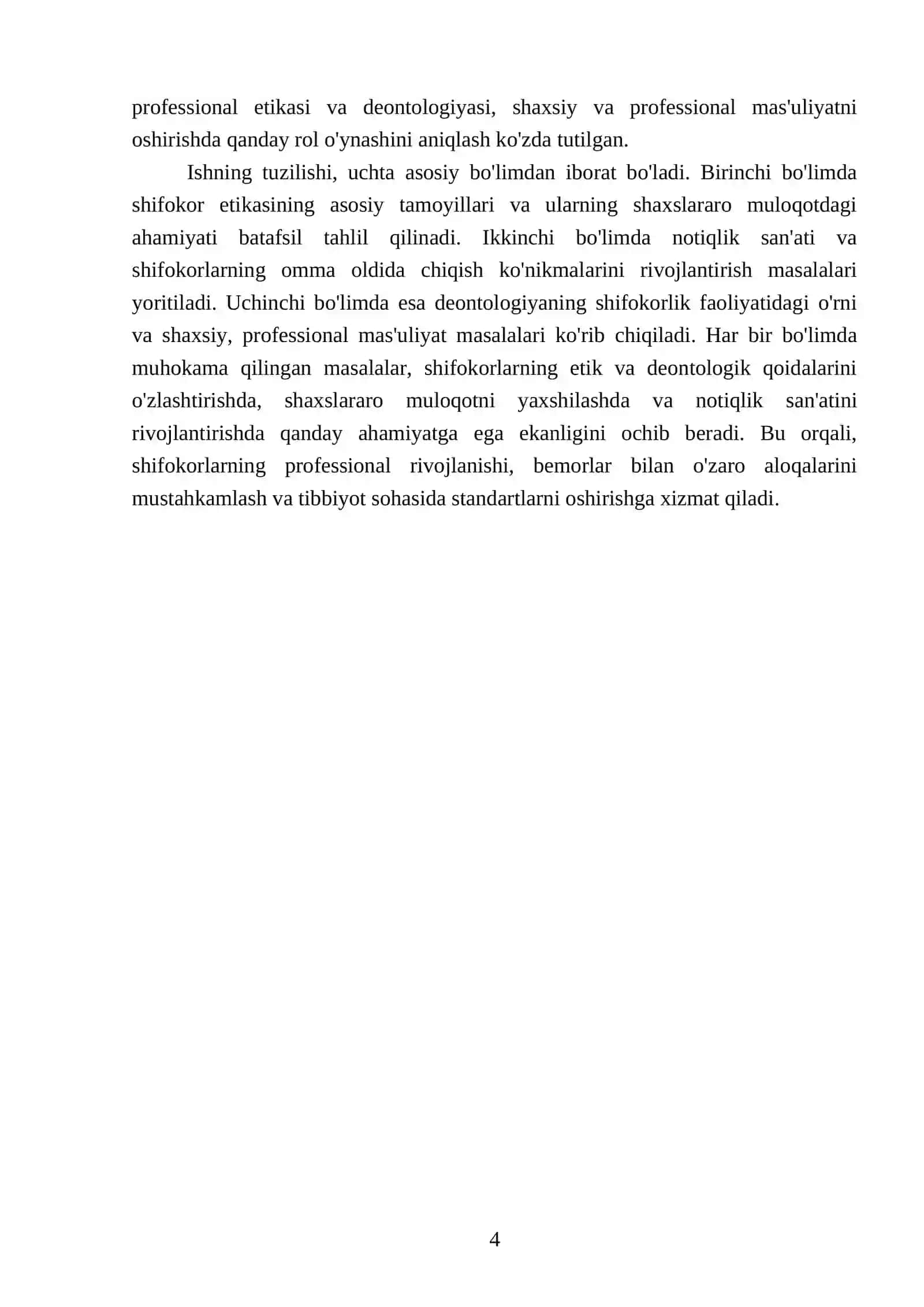 Shifokor etikasi va deontologiyasi. Shaxslararo muloqot. Notiqlik sanʼati, omma oldida chiqish koʻnikmasi 4