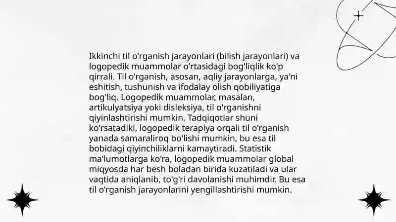 Tovushlar talffuzida kamchiligi bo'lgan bolalarning psixologik xususiyatlari.(bilish jarayonlari,xissiy-idoraviy soxasi,shaxslararo munosabati,faoliyati),ularni tekshirish va korreksiyalash. 4