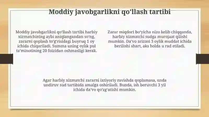 Harbiy xizmatchilarni moddiy javobgarlikka tortish asoslari 4