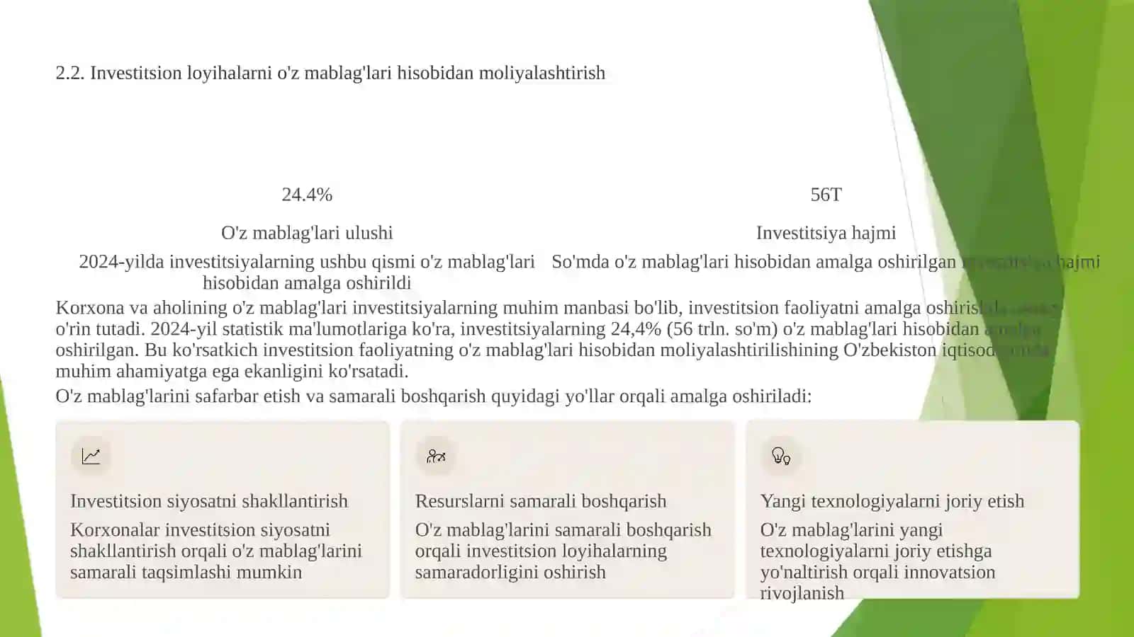 Investitsiya faoliyatini moliyalashtirish: manbalar, ahamiyati va istiqbollari 4