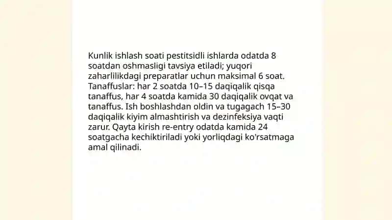 Pestitsidlar bilan ishlovchilarni mexnat va dam olish tartibi xususiyatlari 4