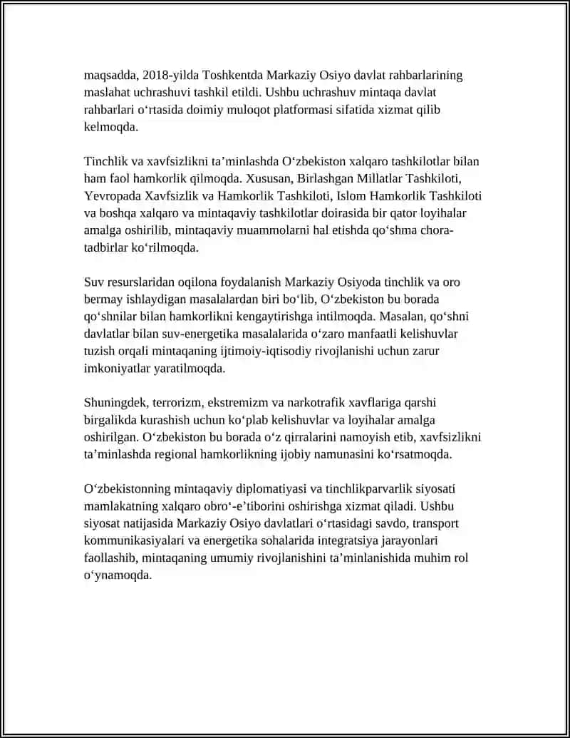 O'ZBEKISTONDA MARKAZIY OSIYODA TINCHLIK VA HAMKORLIK ALOQALARINING MUSTAHKAMLANISHI 4