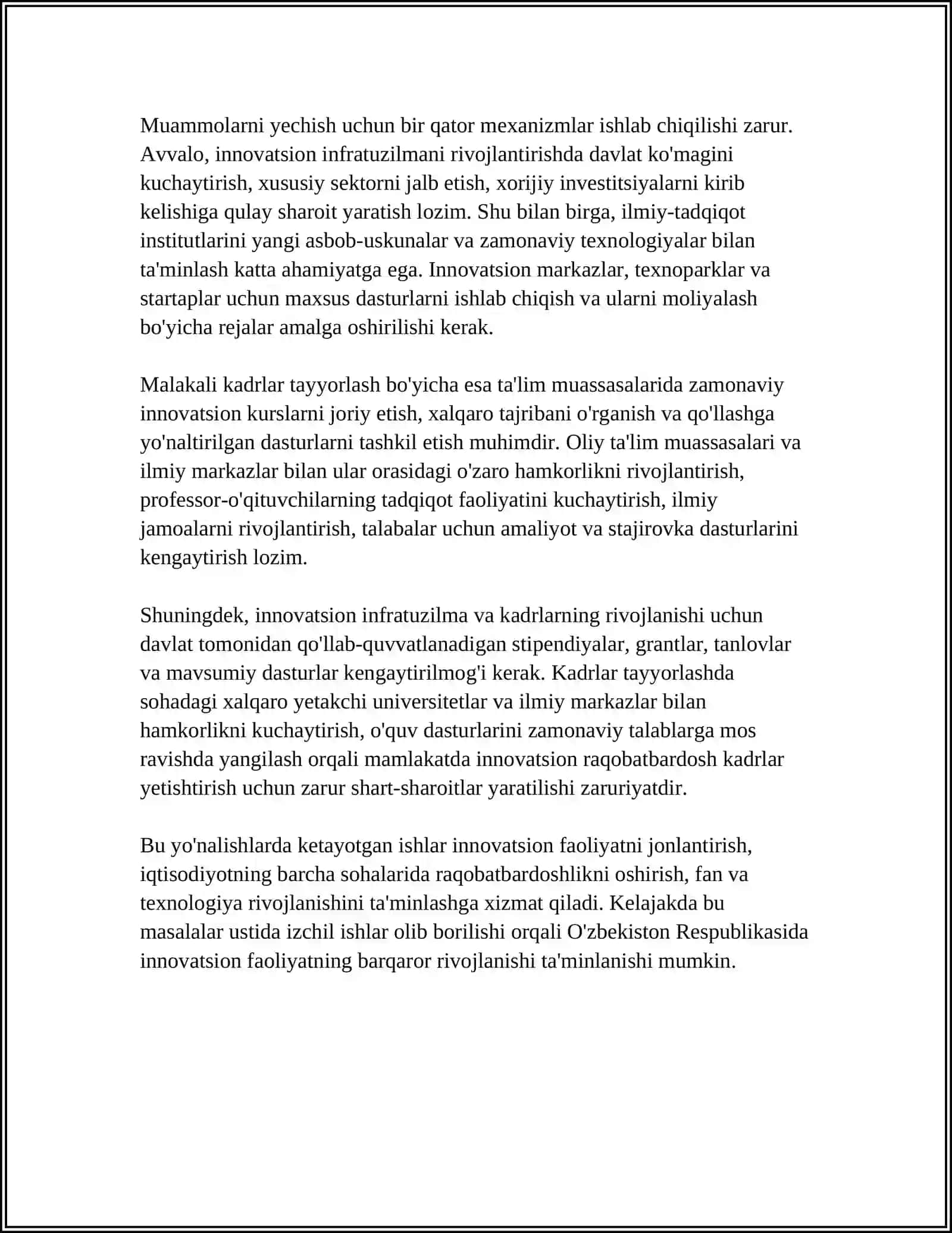 OʻZBEKISTON RESPUBLIKASIDA INNOVATSION FAOLIYATNING MUAMMOLARI VA ULARNI YECHISH MEXANIZMLARI 4