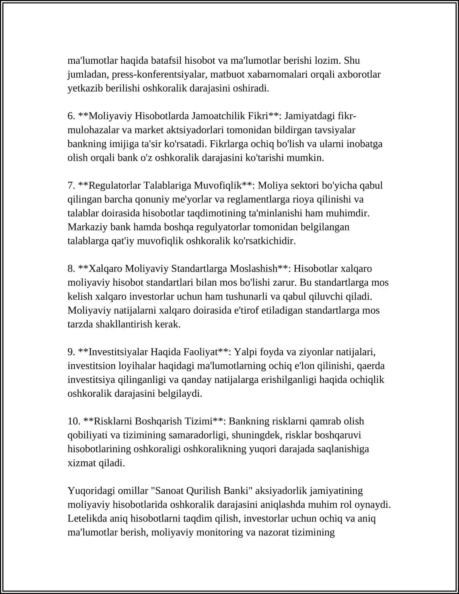 SANOAT QURULSH BANKI AKSIYADORLIK JAMIYATINING TRANSPARENTLIK DARAJASINI ANIQLANG 4