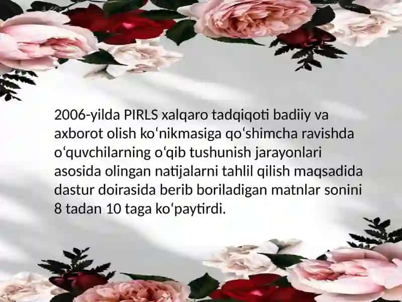 PIRLS - 2006 tadqiqoti xalq ta'limi tizimida kõrsatgan natijalari 4