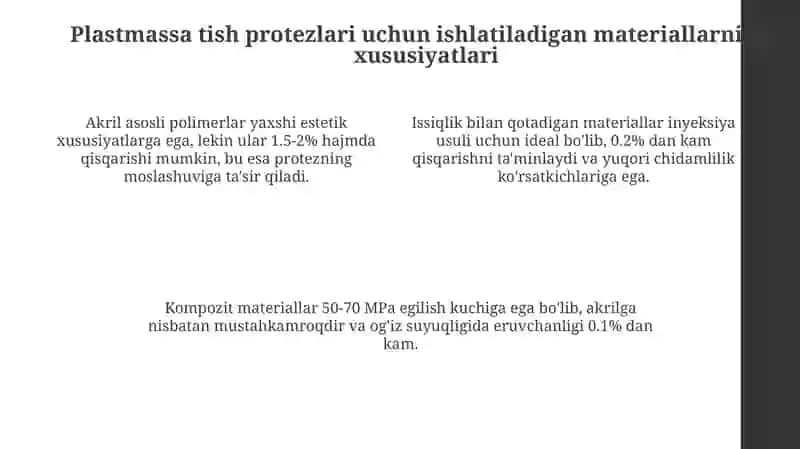 Plastmassa tish protezlari uchun xom ashyo: Turlari va xususiyatlari 4