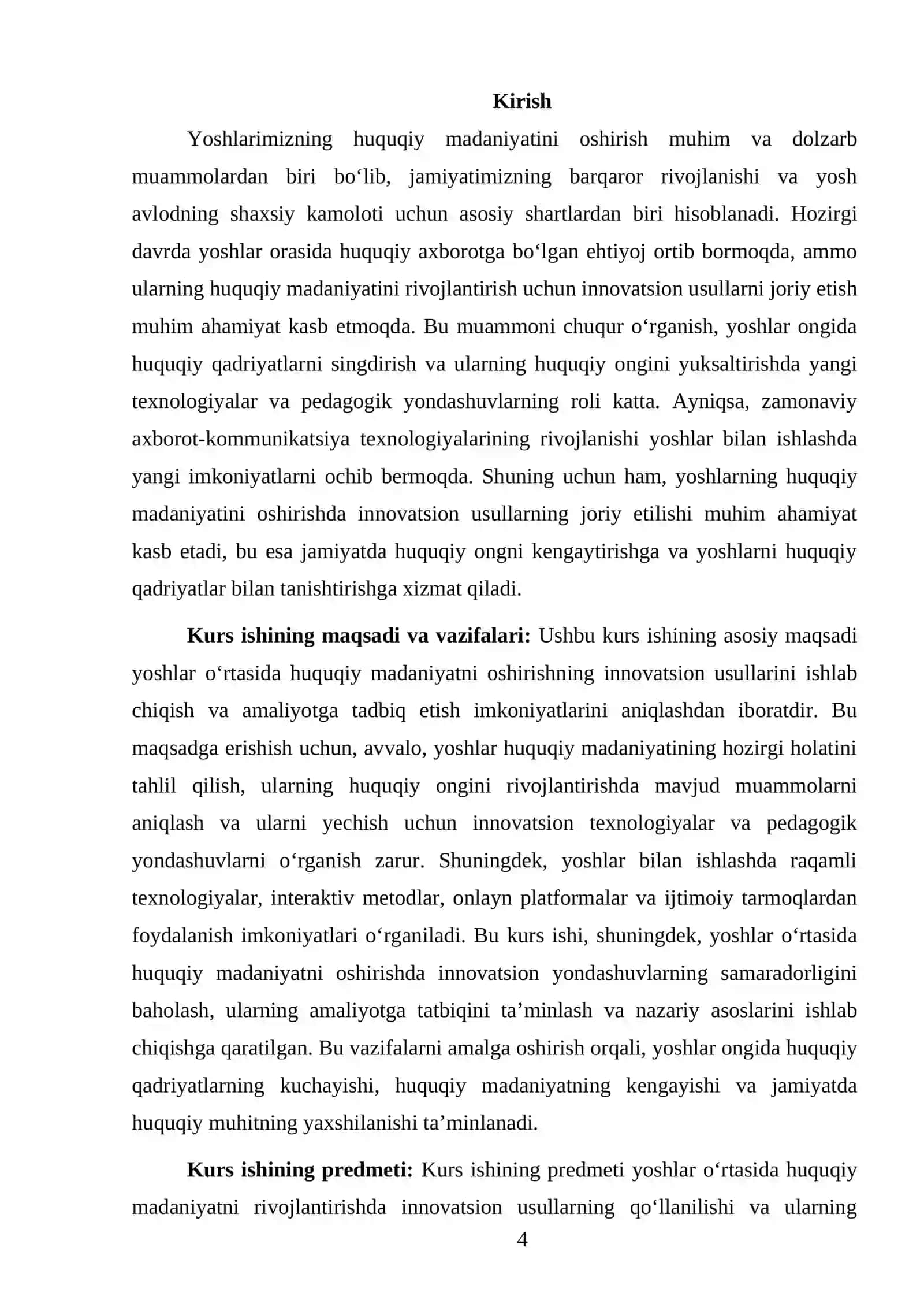 KURS ISHI: YOSHLARDA HUQUQIY MAʼDANIYATINI OSHIRISHNING INNOVATSION USULLARI 4