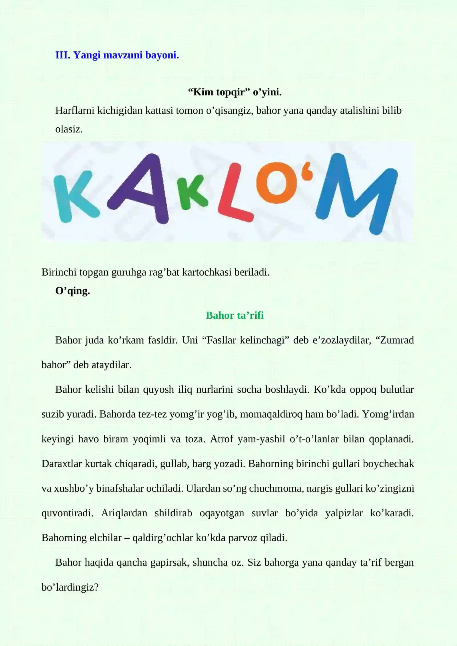 1-sinf o'qish Ko’klam – yashnaydi olam dars ishlanmasi 4