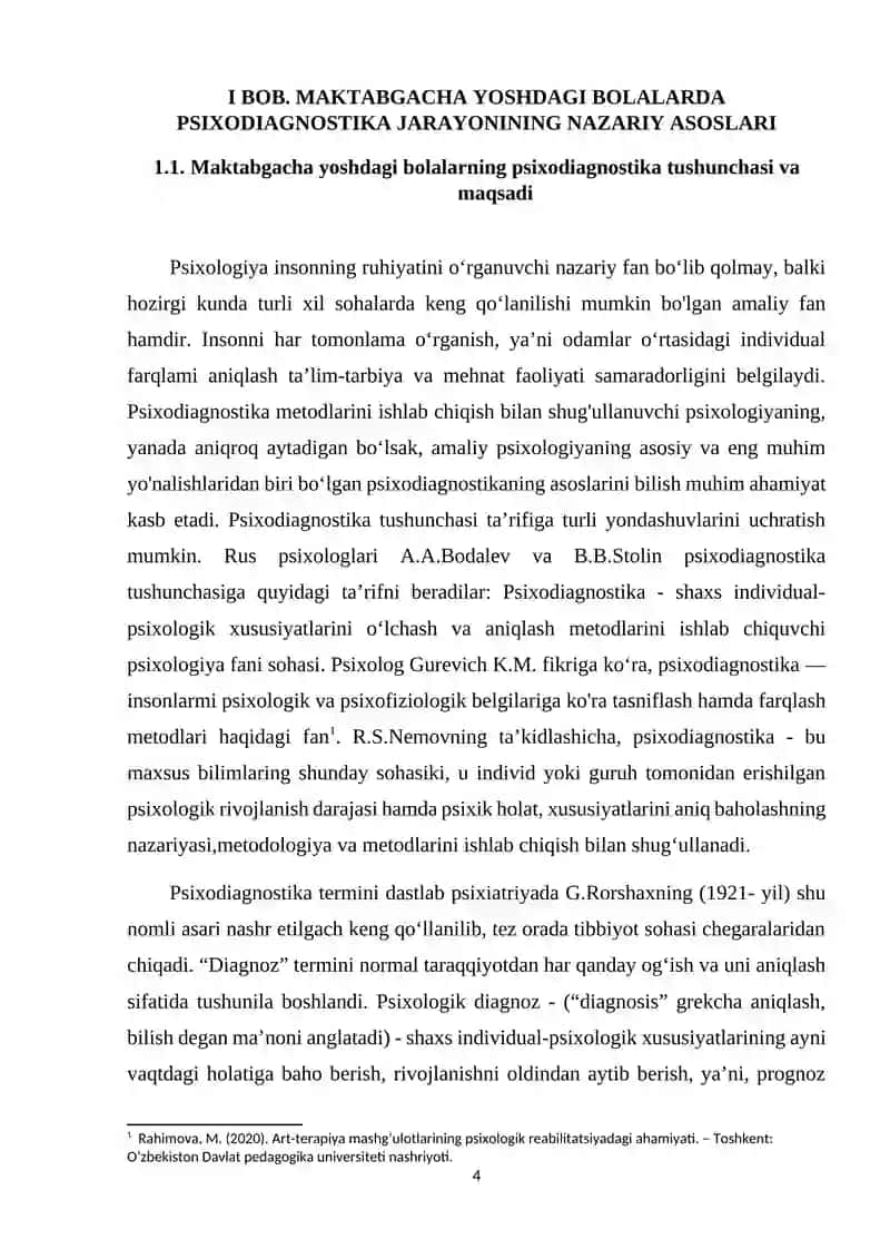 Bolalarda rasm asosida suhbat metodikasi: Psixodiagnostik yondashuv kurs ishi 4