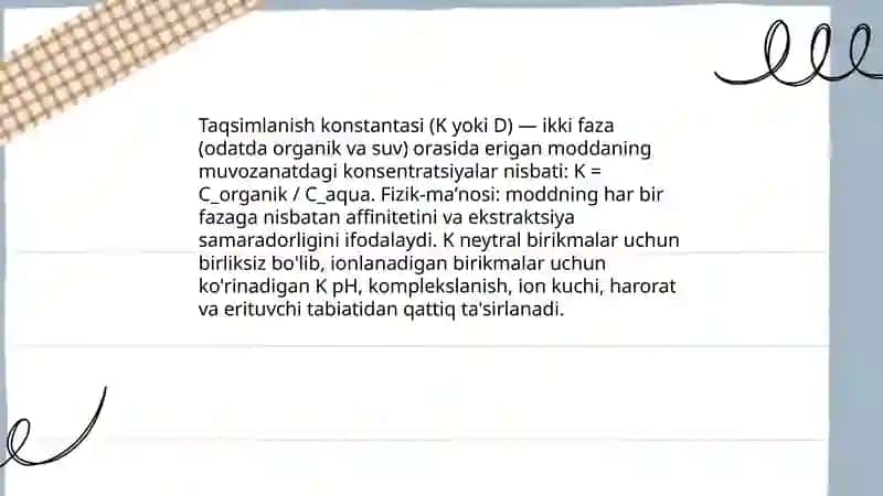 Ekstraksiya va taqsimlanish konstantalari 4
