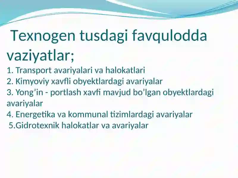 Tabiiy,texnogen,ekologik va ijtimoiy tusdagi favqulotda vaziyatlarni hayot faoliyati xavfsizligi va fuqoro muhafasi 4