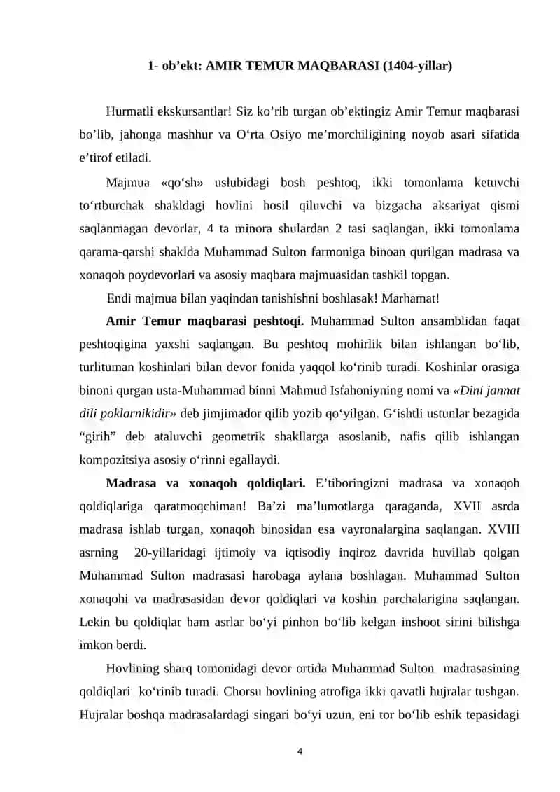 Samarqand viloyatining tarixiy-arxitektura yodgorliklari ekskursiya ob’ektlari 4