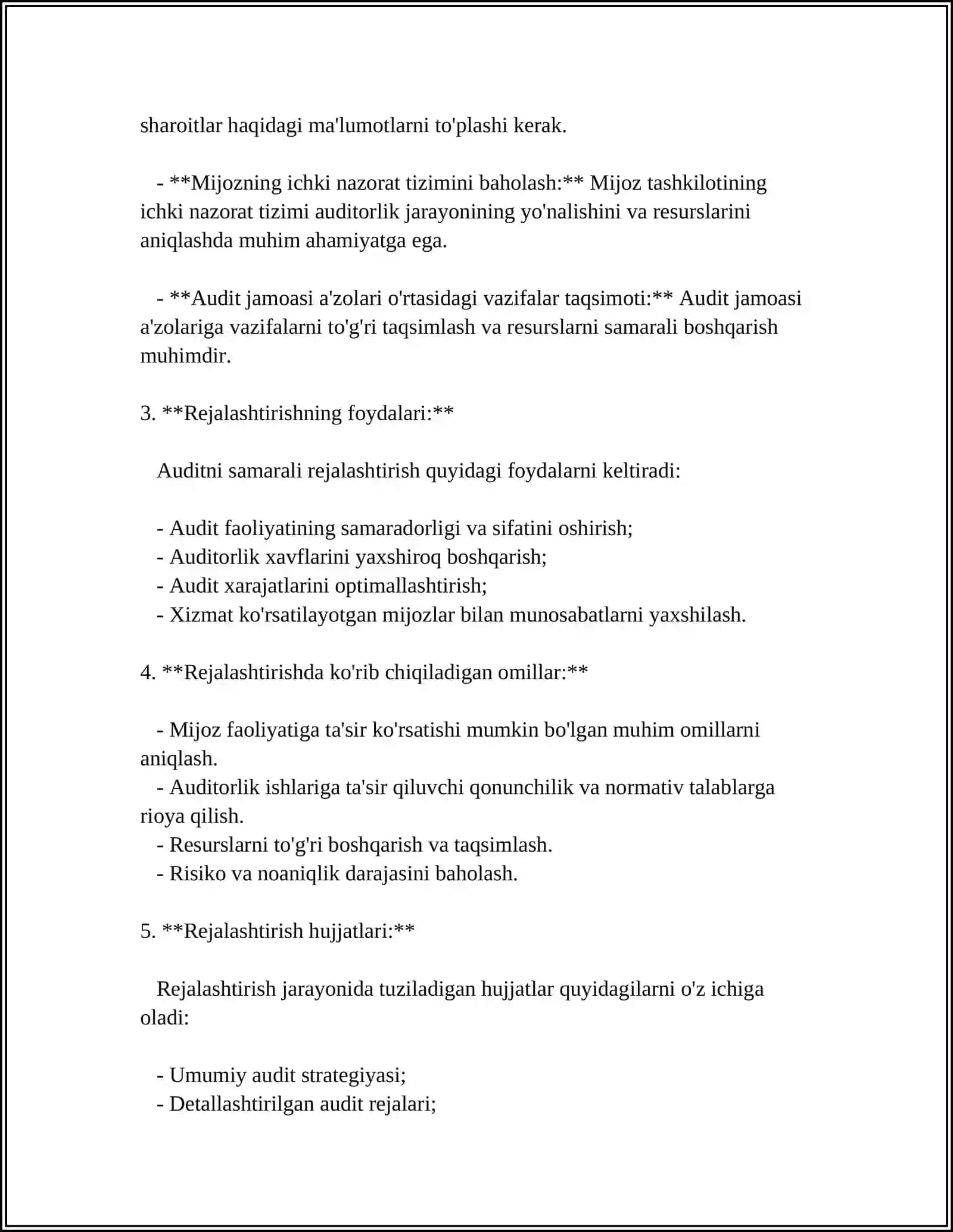 AUDITORLIK TEKSHIRUVINI REJALASHTIRISH ISA 300."PLANNING AN AUDITOR OF FINANCIAL STATEMENTS" TALABLARI ASOSIDA 4