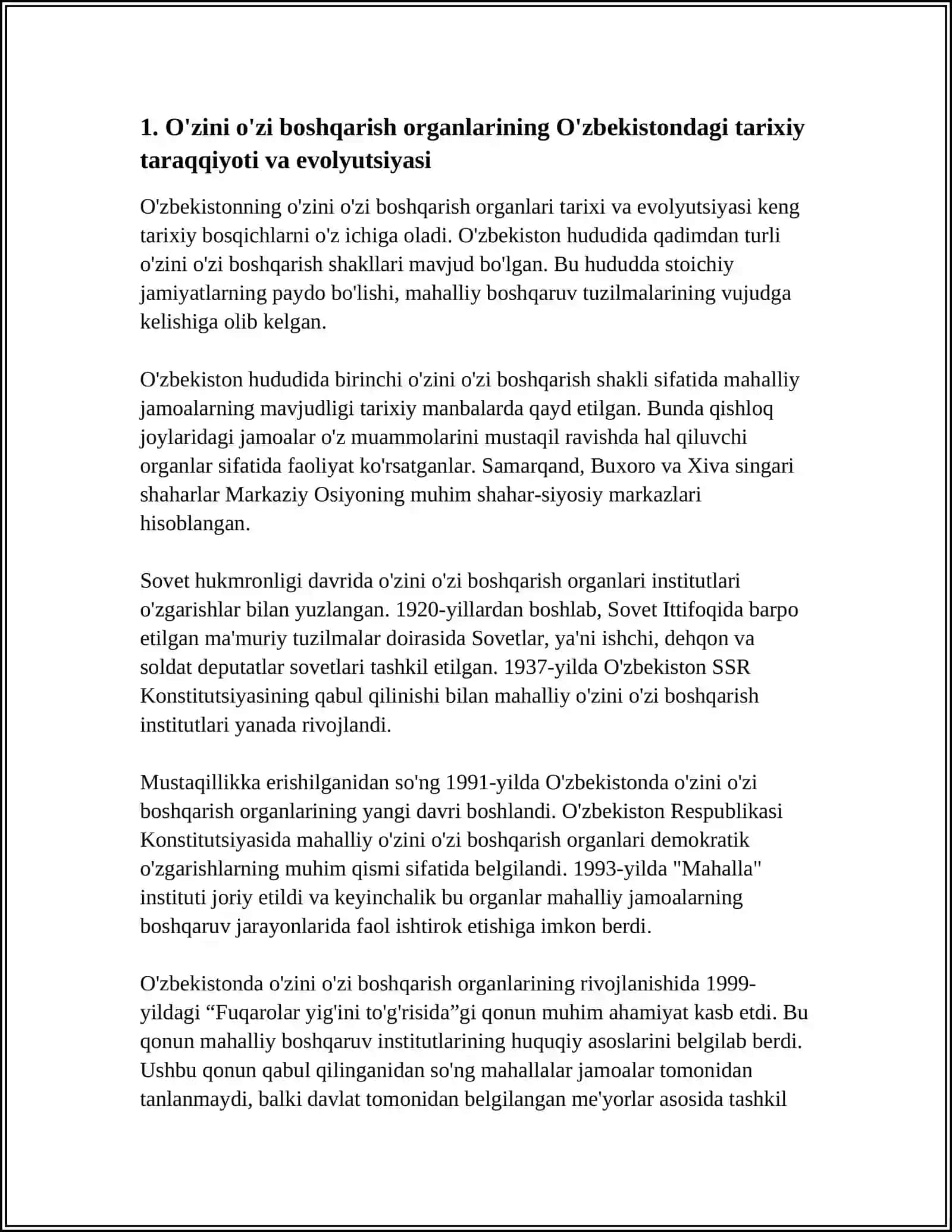 O'ZBEKISTONDA O'ZINI OZI BOSHQARISH ORGANLARINING FAOLIYATI VA ULARNING JAMIYATNI DEMOKRATLASHDAGI O'RNI 4