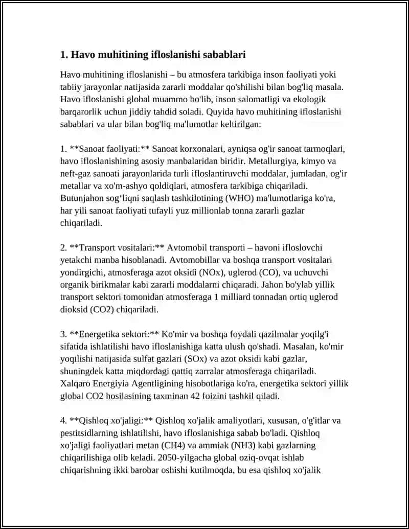 HAVO MUHITNING IFLOSLANISHI VA UNING OQIBATLARI. ATMOSFERA HAVOSINI MUHOFAZA QILISH 4