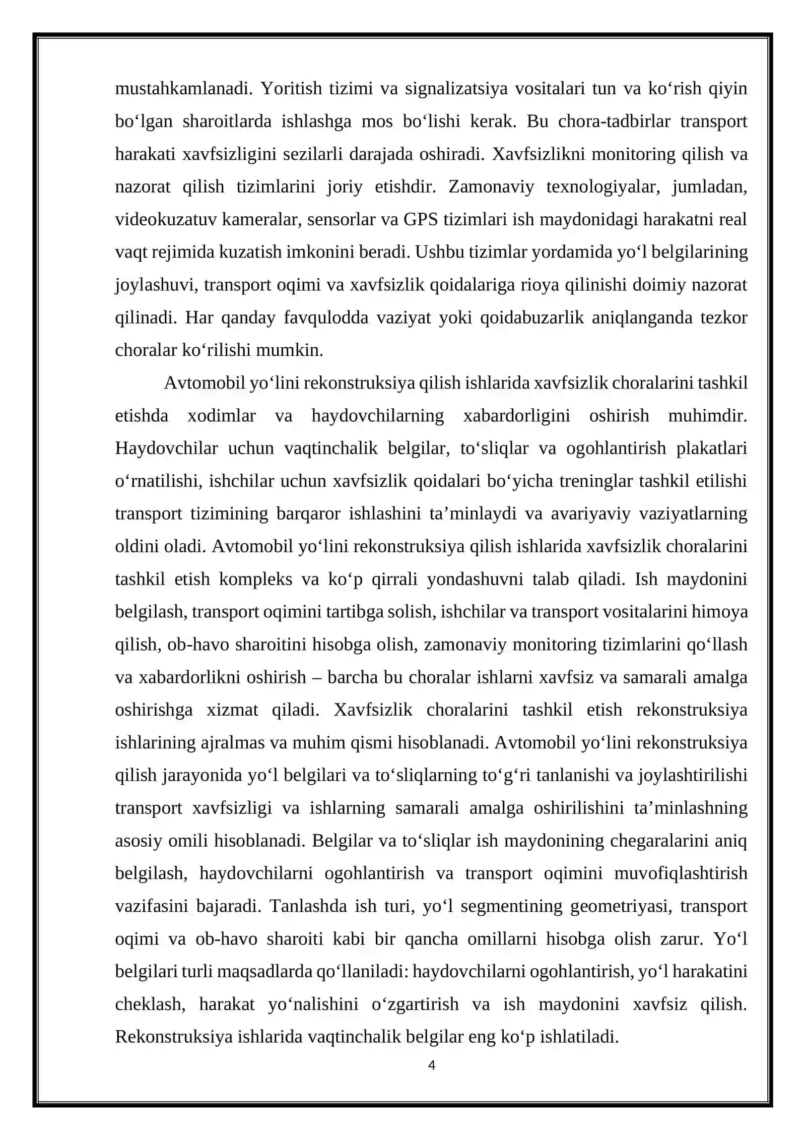Avtomobil yo'lini rekonstruksiya qilish ishlarini amalga oshirishda yo'l belgilari to'siqlari va ularni qo'llash sharoitlari 4