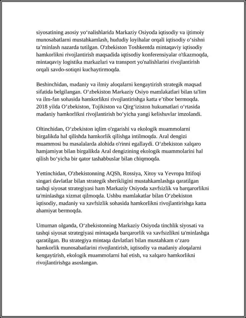 O'zbekistonning Markaziy Osiyoda Tinchlik va Barqarorlikni Ta'minlashdagi O'rni 4