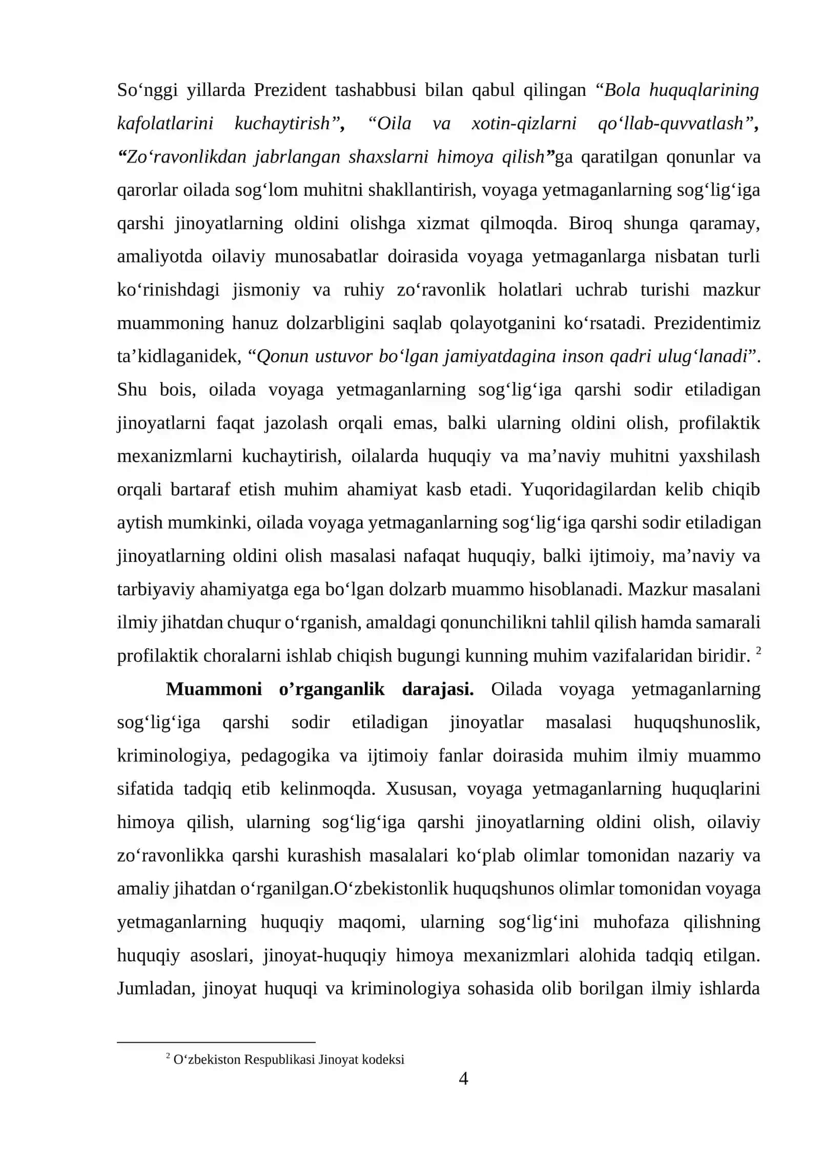 Oilada voyaga yetmaganlarning sog‘lig‘iga qarshi sodir etiladigan jinoyatlarning oldini olish mavzusida tayyor kurs ishi 4