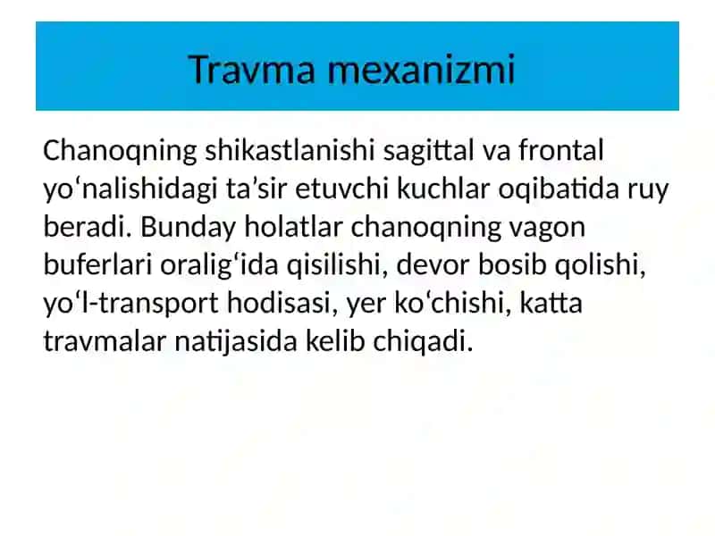 Chanoq suyaklarini jarohatlari. Klinikasi, birinchi yordam ko‘rsatish, transportirovkasi va davolash 4