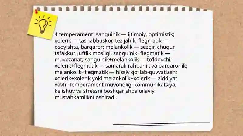 Temperament tipiga mos juft tanlash - oilaviy munosbatlar mustahkamligi omili sifatida 4