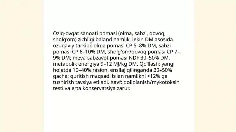 Sanoat qoldiqlarining ozuqaviy qiymati va hayvonlarni oziqlantirishda qo'llanilishi 4
