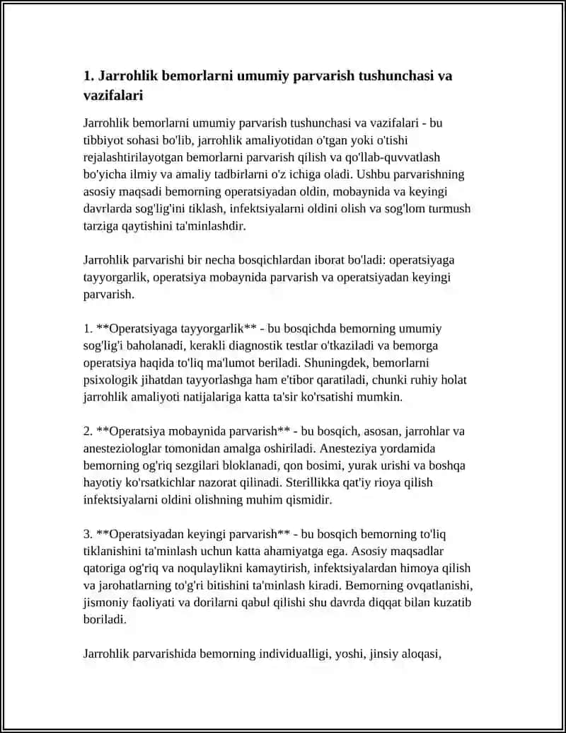 XERUTGIK BEMORLAR.XERURGIK BEMORLAR UMUMIY PARVARISHI TUSHUNCHASI, TURLAR. XERURGIK YORDAM TUZILMASI VA UNI TASHKILLASHTIRISH.XERURGIYA XONASI,TUZILISHI,ULARGA QUYILADIGAN TALABLAR, ISHLASH PRINSIPI. XERURGIYADA TIBBIYOT ETIKASI VA DEONTOLOGIYA ASOSLARI 4