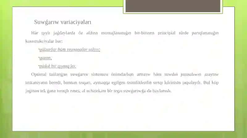 Lanshaft dizayinde qollanılatuǵın ósimliklerdıń suwǵa bolǵan talabı avtomatikalıq suwǵarıw sısteması 4