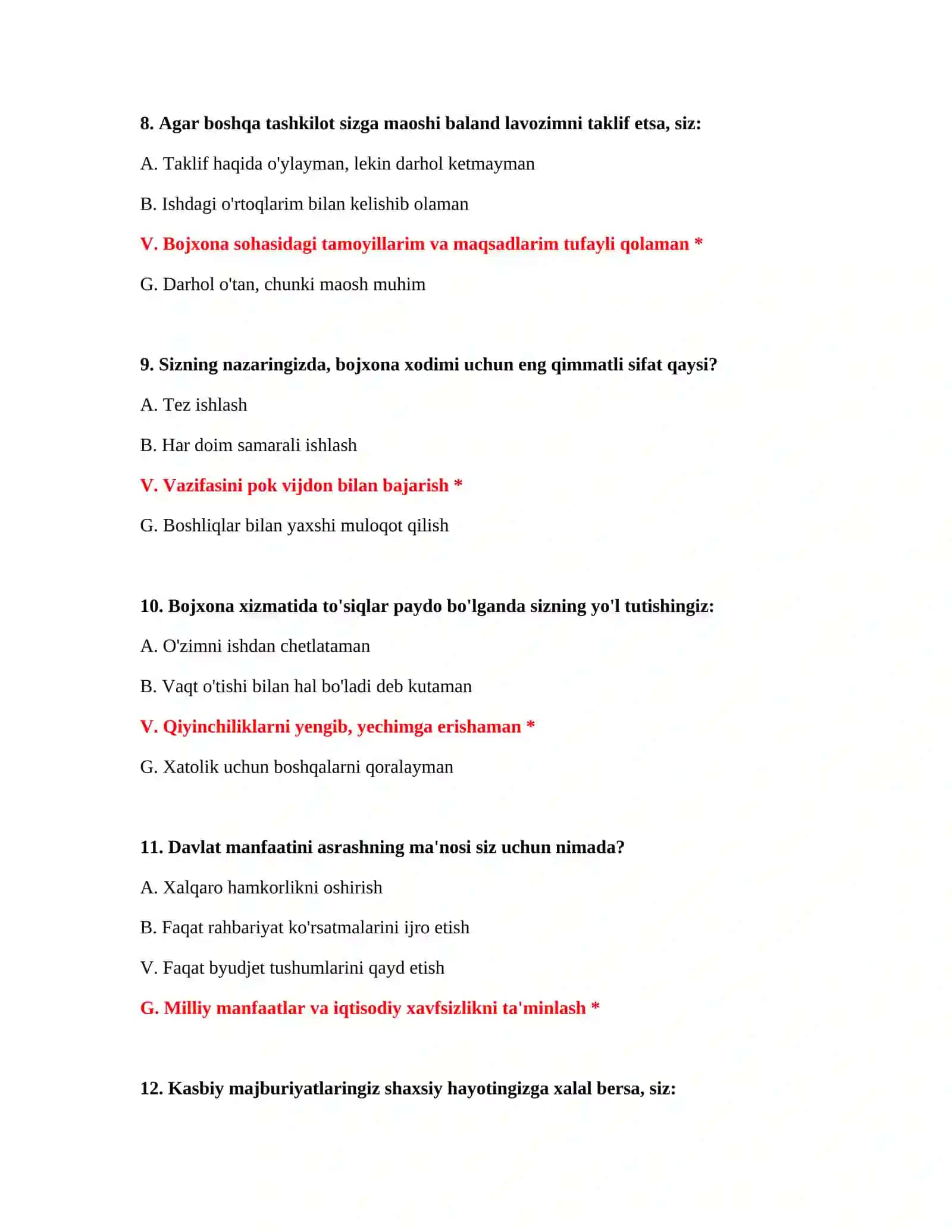 Bojxona xizmatiga ishga qabul test savollari 4