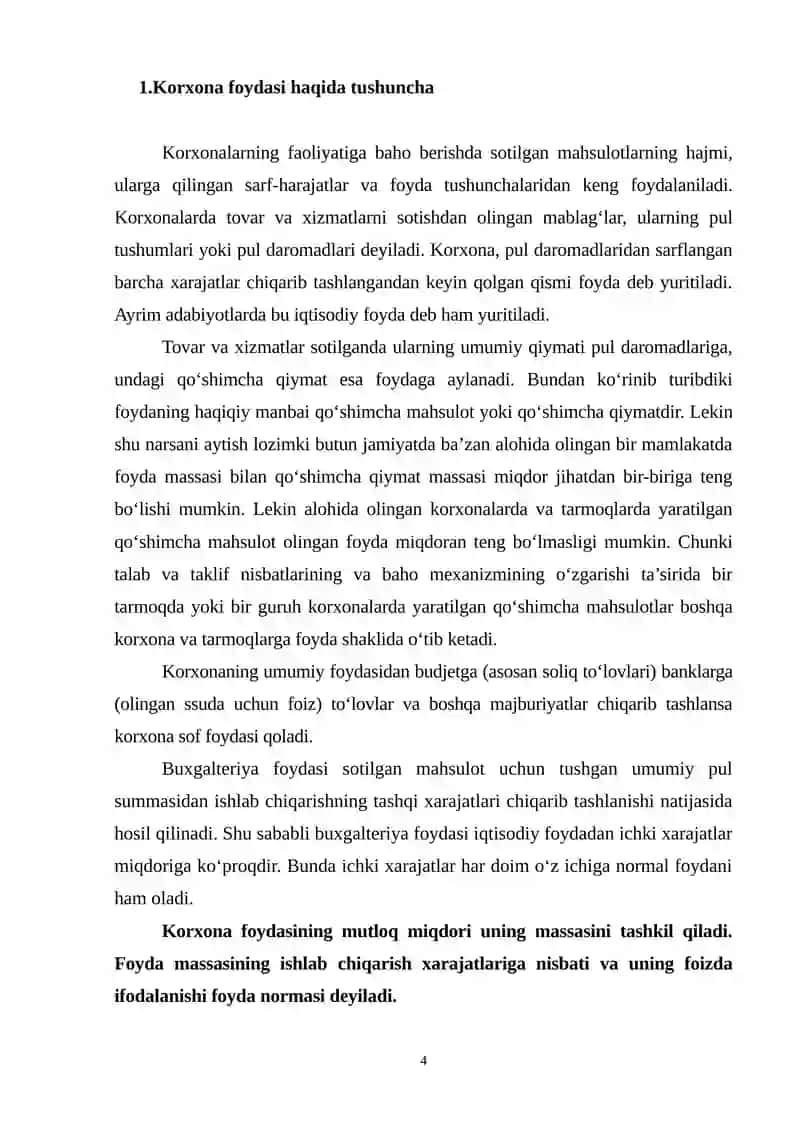 Korxona foydasi, uning taqsimlanishi va ishlatilishi 4