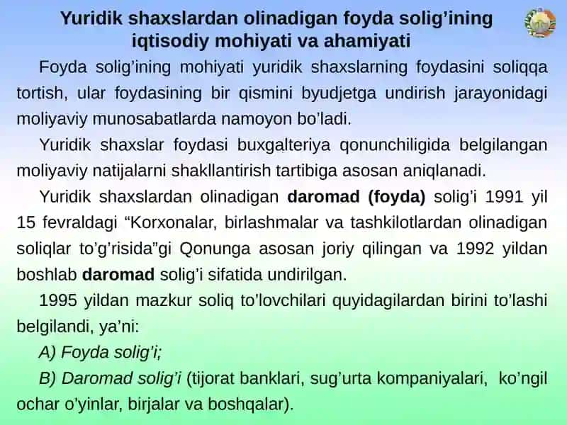 Yuridik shaxslardanolinadiganfoyda solig’ining iqtisodiy mohiyati va ahamiyati 4