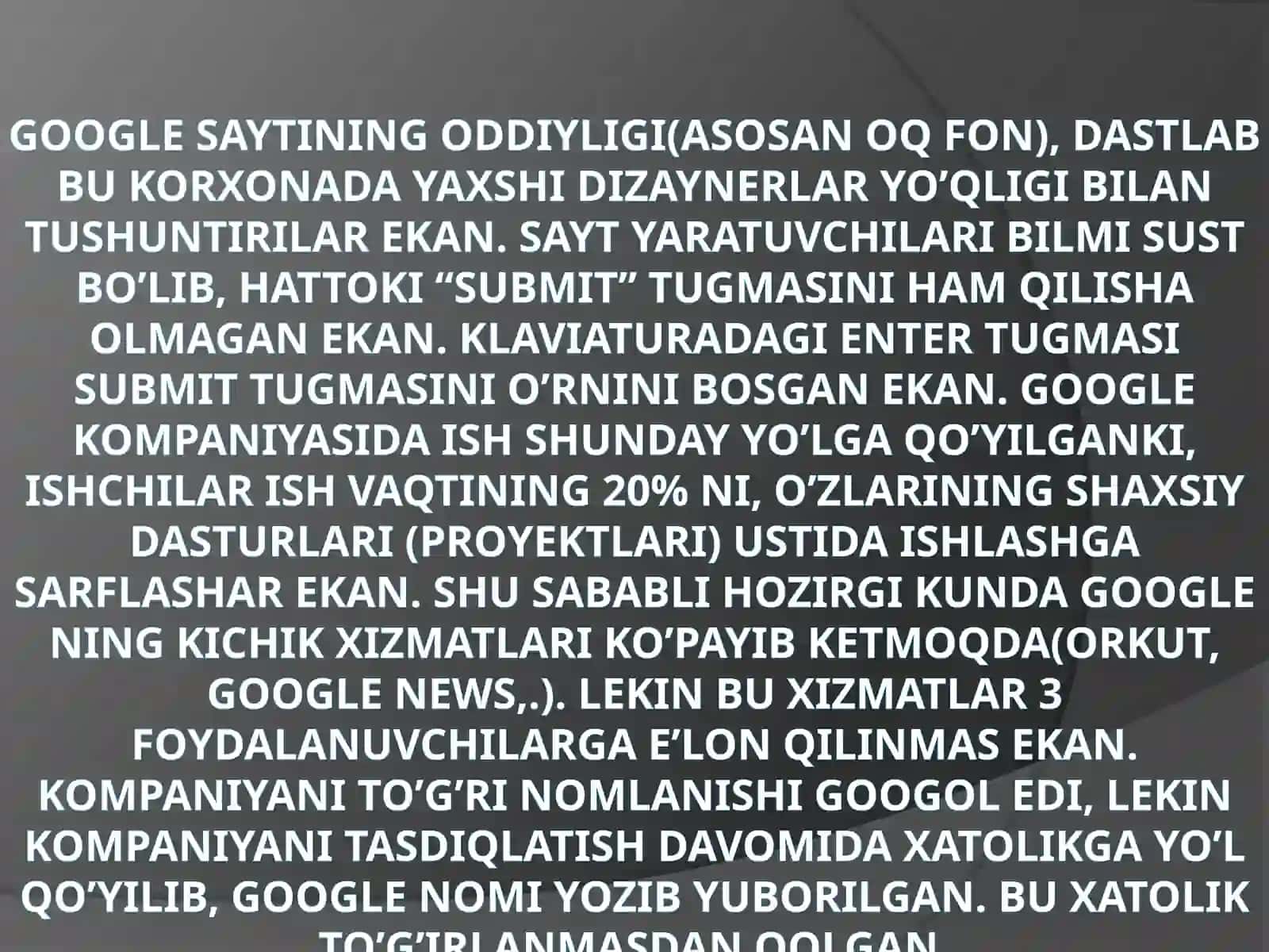 GOOGLE KORPORATSIYASI TARIXI VA XOZIRGIKUNDA JAMIYATDAGI O’RNI 4
