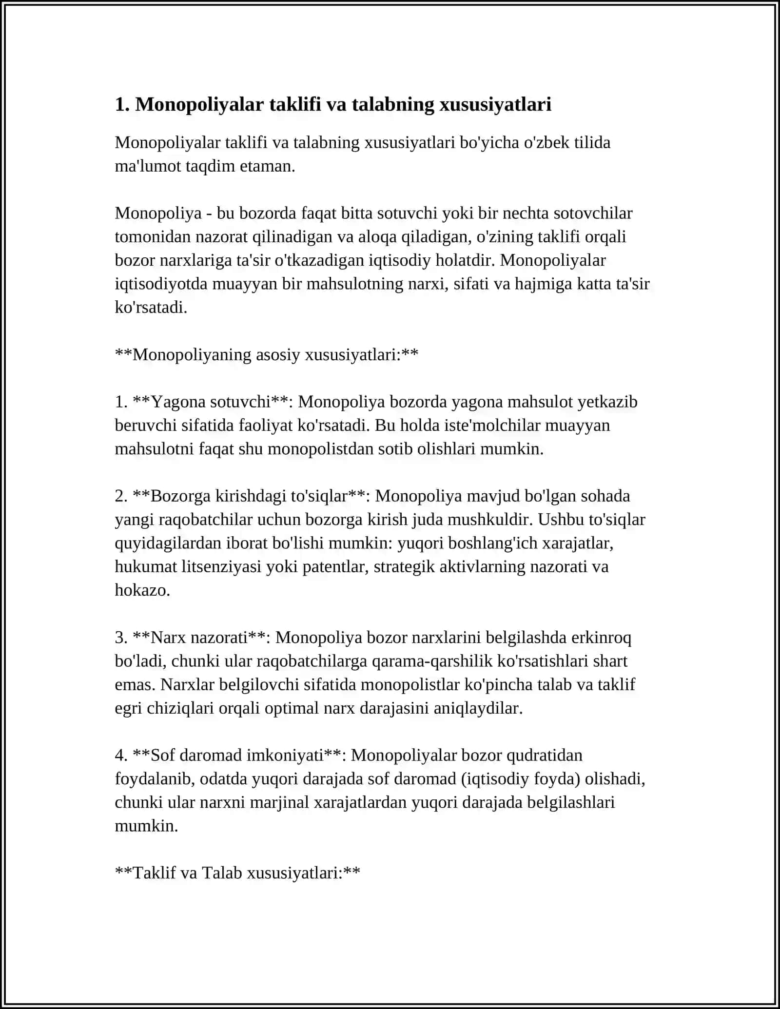 MONOPOLIYALAR, ULARNING AMAL QILISH VA TARTIBGA SOLISH XUSUSIYATLARI 4
