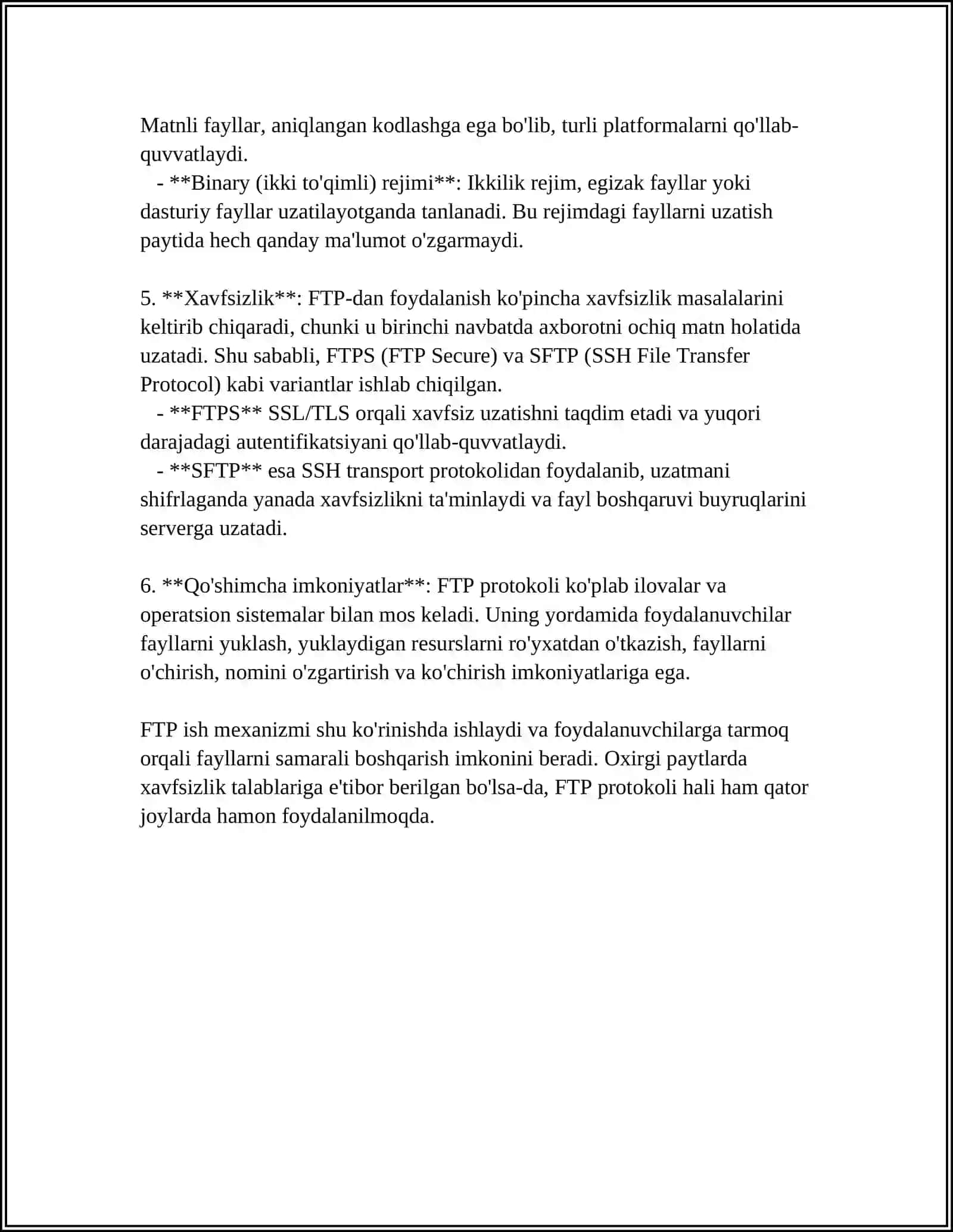 FTP ISHINING ODDIY MODELI, FTP ISHINING MURAKKAB MODELI. MA’LUMOTLAR OQIMI INTENSIVLIGI 4