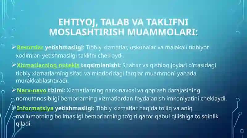 Tibbiy xizmatlarga bo’lgan ehtiyojlarning o’zgaruvchanligi sabablari va ehtiyoj,talab va taklifini moslashtirish muammolari. Tibbiy muassasalar va tibbiy xizmatlar bozorini davlat tomonidan tartibga solinish sabablari va usullari. Tibbiy muassasalar marketingi rejasi va marketing kompleksini ishlab chiqish. 4
