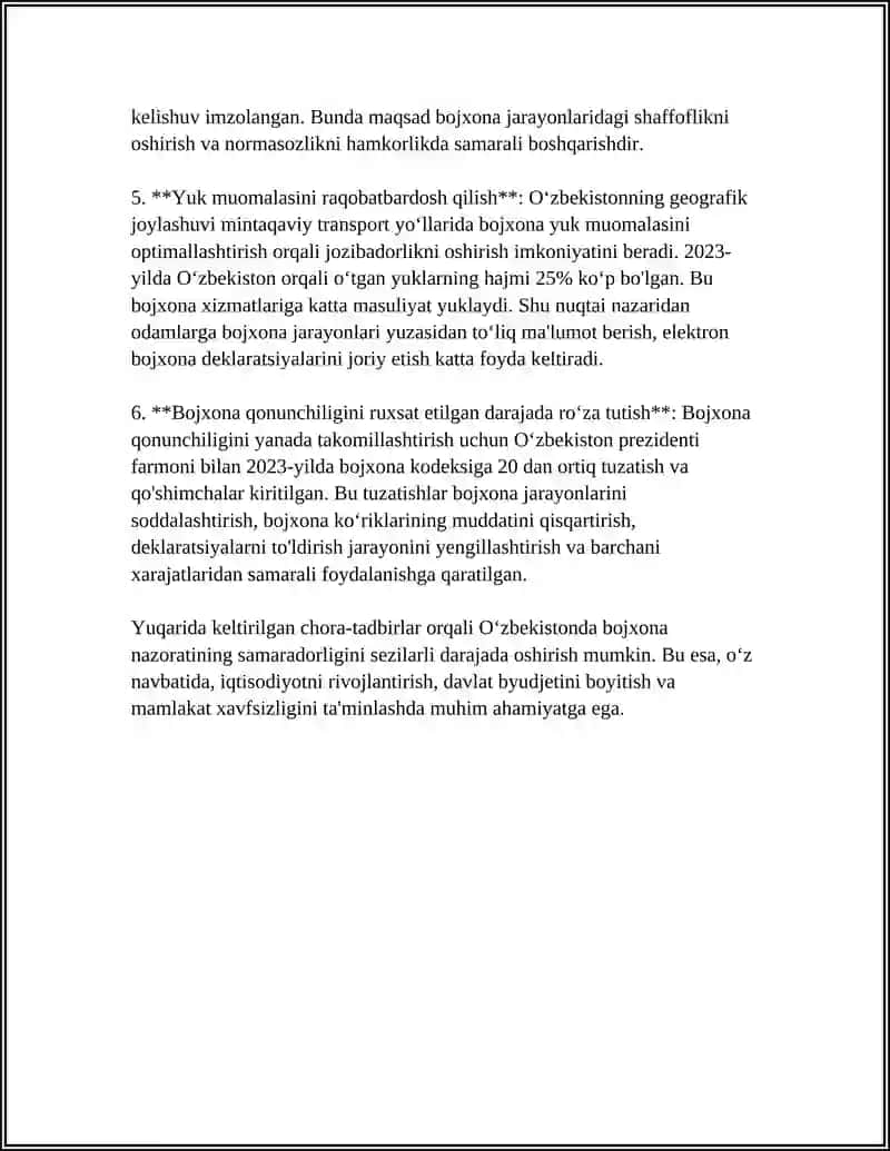 O'ZBEKISTON RESPUBLIKASI BOJXONA TIZIMIDAGI MUAMMOLLAR VA ULARNING YECHIMLARI 4